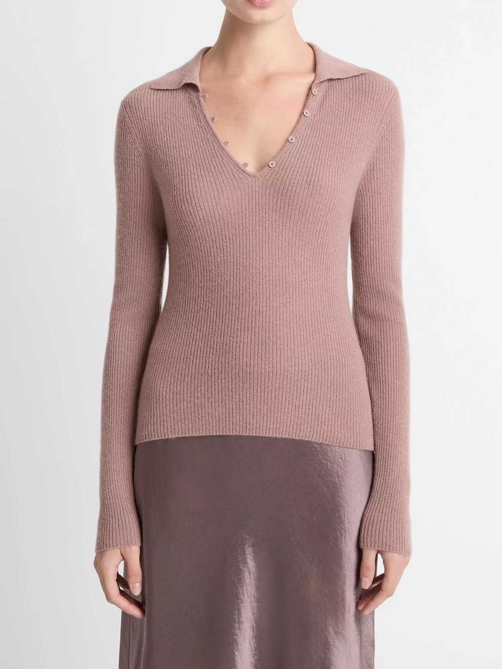 Vince Ribbed Cashmere Silk Polo Sweater Beet Root XS NWT